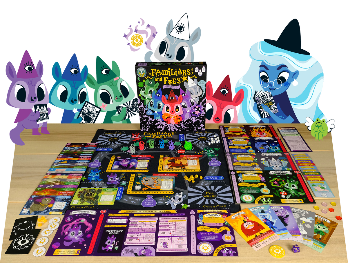 Horrible Adorables Familiars and Foes: A Spellbinding Cooperative Board Game - Game components with box