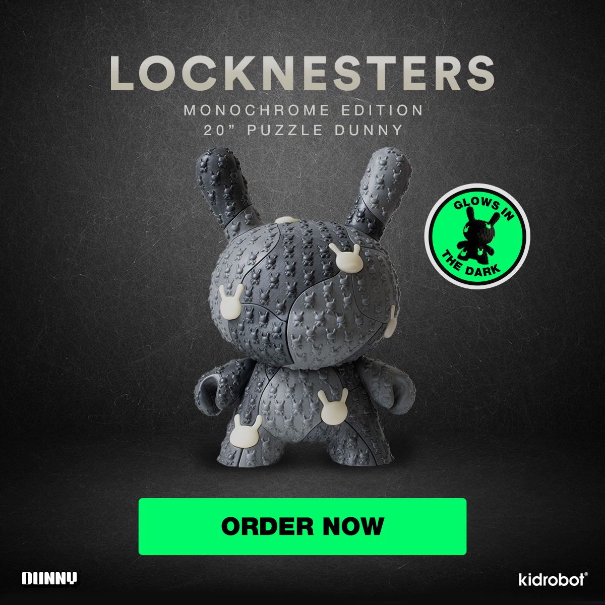 Kidrobot x Locknesters Puzzle Dunny 20" Glow-in-the-Dark Art Figure - Monochrome Edition (Limited Edition of 20) - Kidrobot.com Exclusive