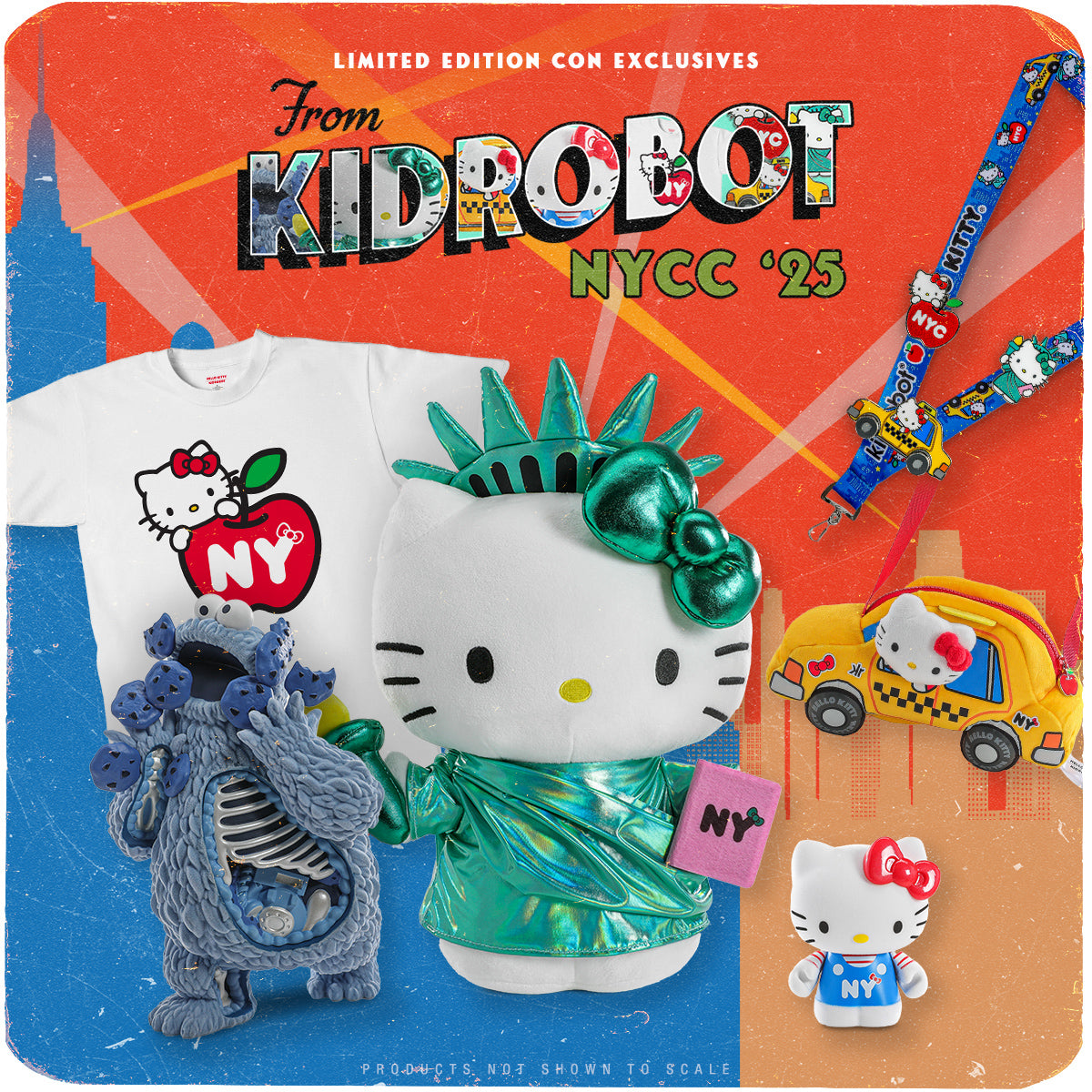 Promotional image for Kidrobot NYCC 2025 Con Exclusive Pre-sale with various Hello Kitty-themed products.