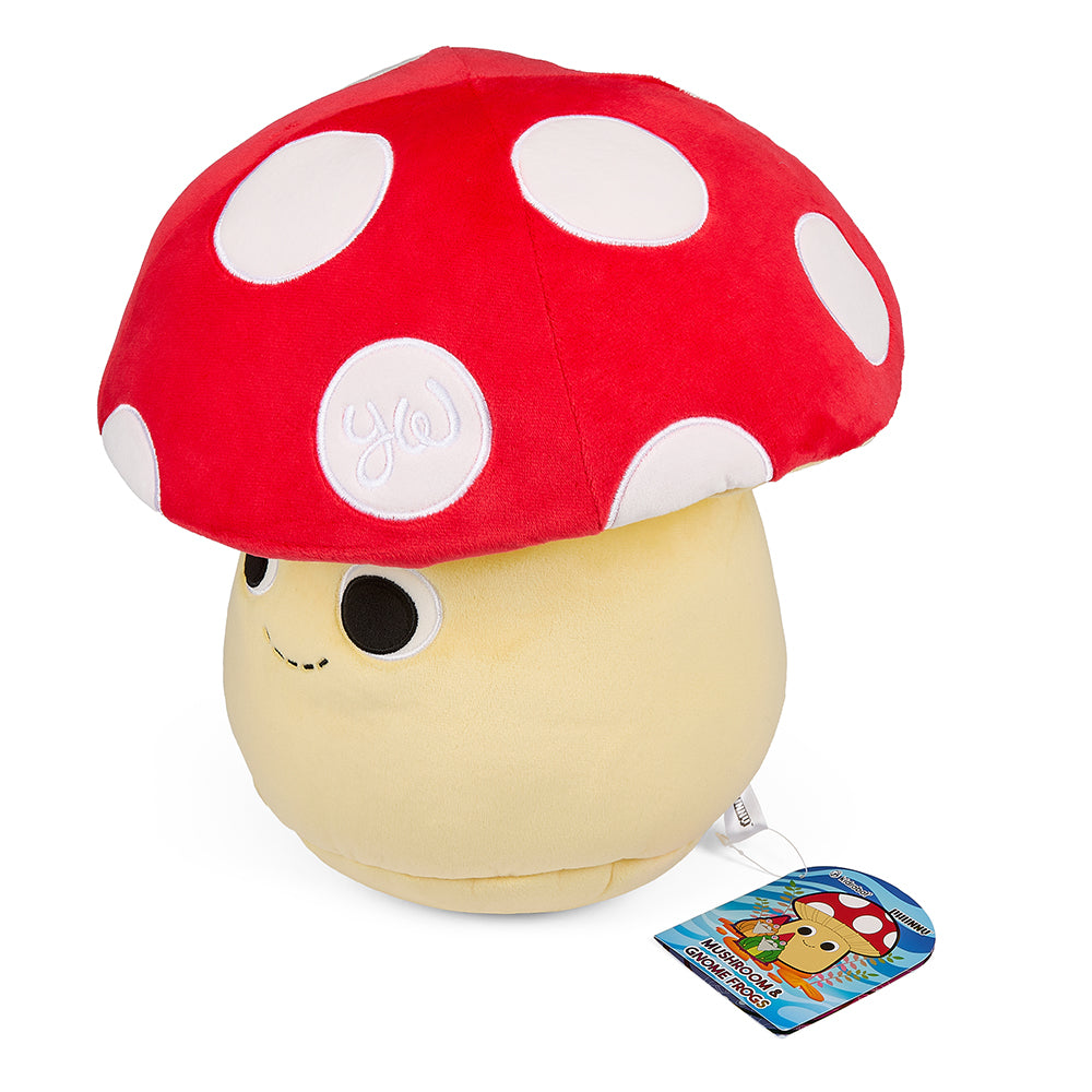 Soft 13-inch interactive plush mushroom with adorable frog gnome characters by Kidrobot, perfect for cuddling and play.