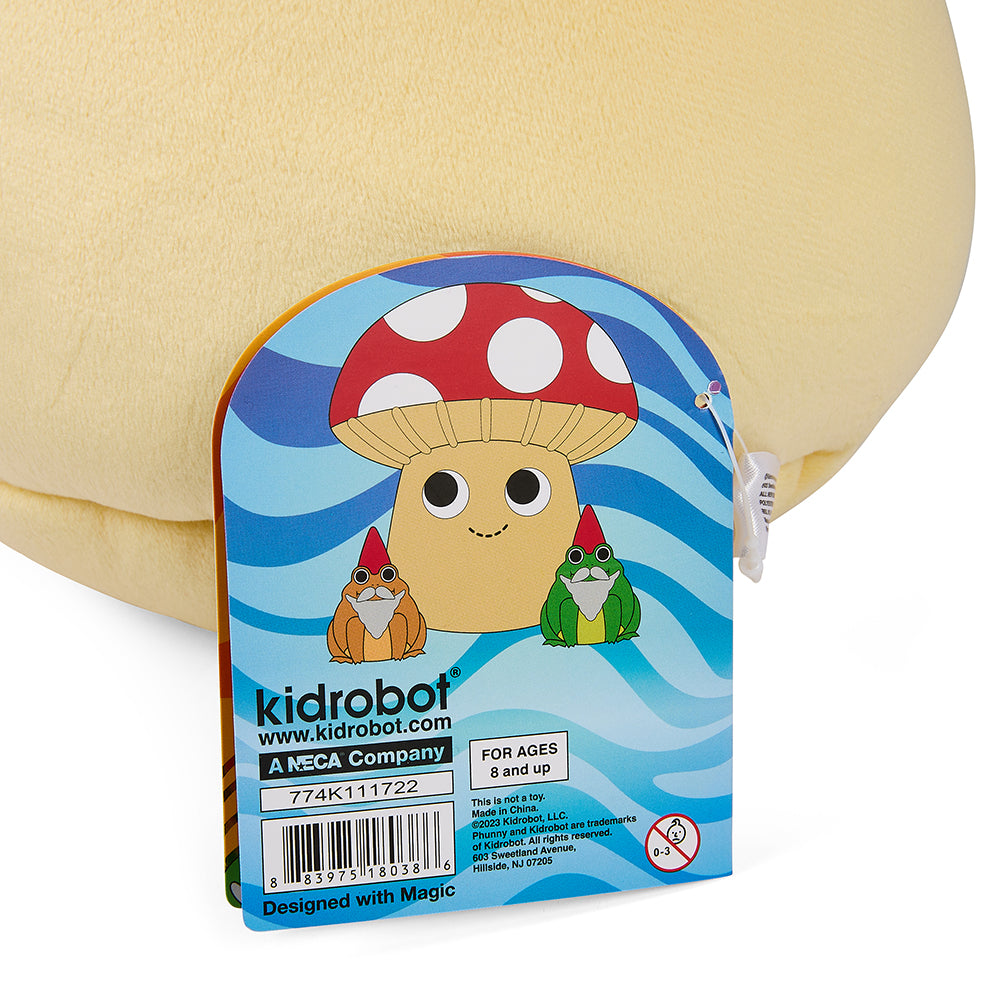Interactive 13-inch plush mushroom with frog gnome characters by Kidrobot, featuring colorful, soft fabric and playful design.