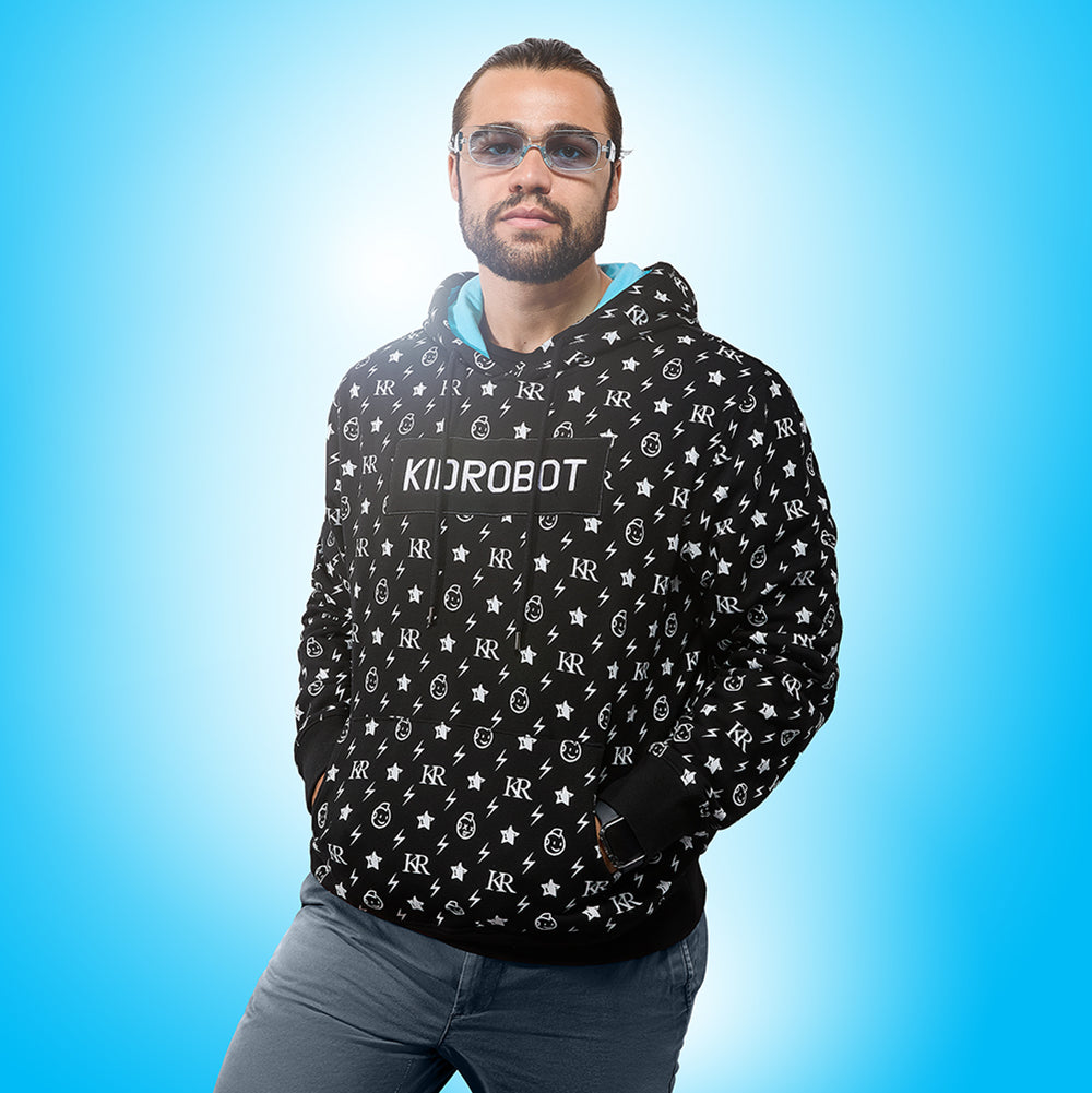 Kidrobot Signature Hoodie in large size, limited edition 2023 CON exclusive, displayed on a hanger with a neutral background.