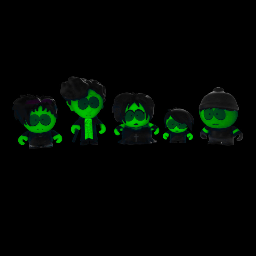 South Park Goth Kids glow-in-the-dark vinyl mini figures 5-pack, limited edition art figures with detailed designs and vibrant colors.