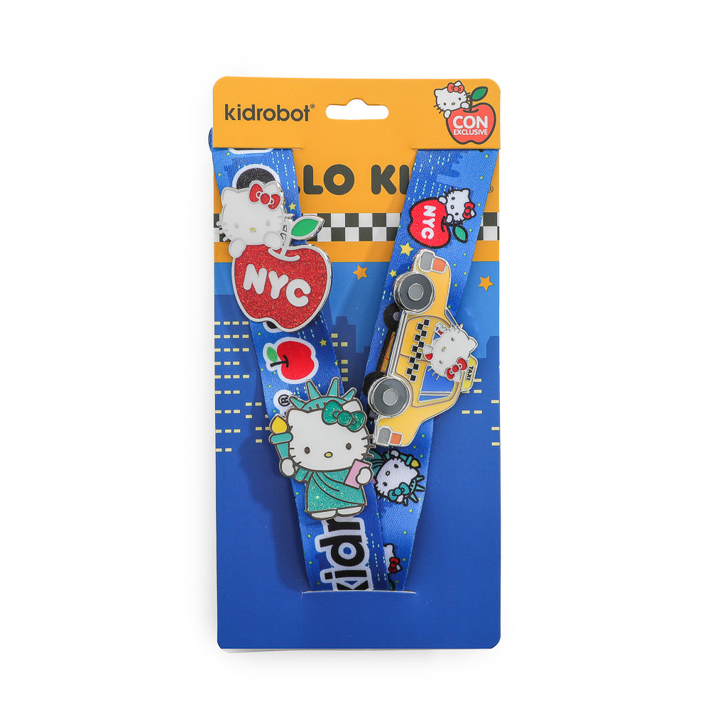Hello Kitty NYC deluxe pins and lanyard set by Sanrio, featuring colorful enamel pins and a matching lanyard for limited edition 2025.