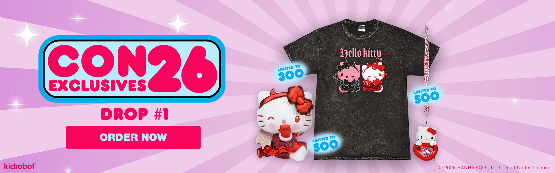 Promotional banner for Con 26 Exclusives featuring Hello Kitty Devilishly Cute Large Plush, t-shirt, and lanyard with plush con exclusives!