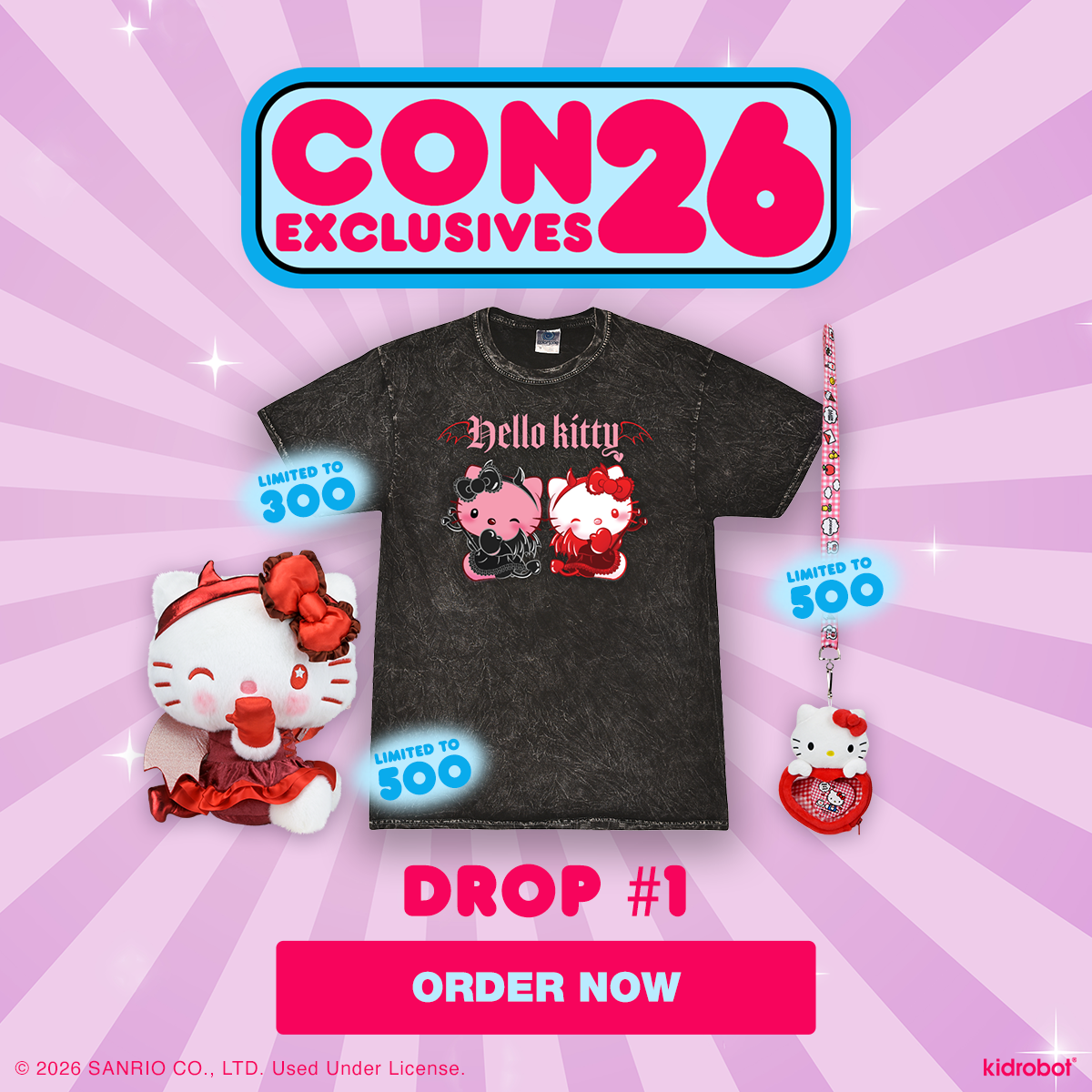 Promotional banner for Con 26 Exclusives featuring Hello Kitty Devilishly Cute Large Plush, t-shirt, and lanyard with plush con exclusives!