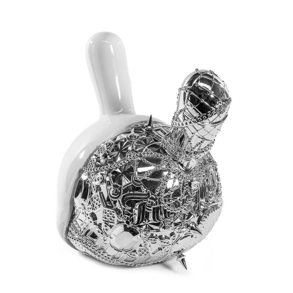 12-inch Tristan Eaton Dunny art figure, Crown Jewels edition in white and silver, limited to 300, featuring intricate design details.
