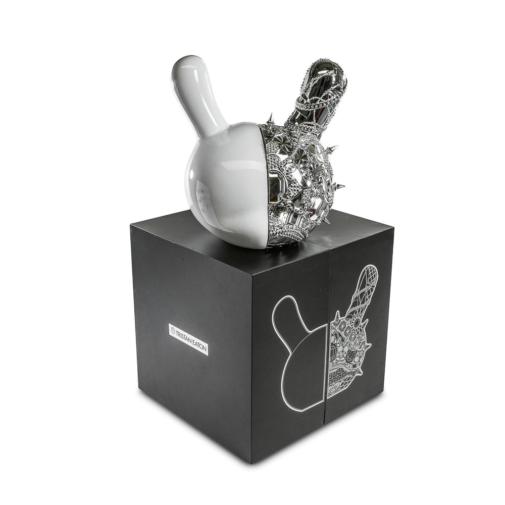 12-inch Dunny art figure "Crown Jewels" by Tristan Eaton, white and silver edition, limited to 300 pieces, celebrating 20th anniversary.