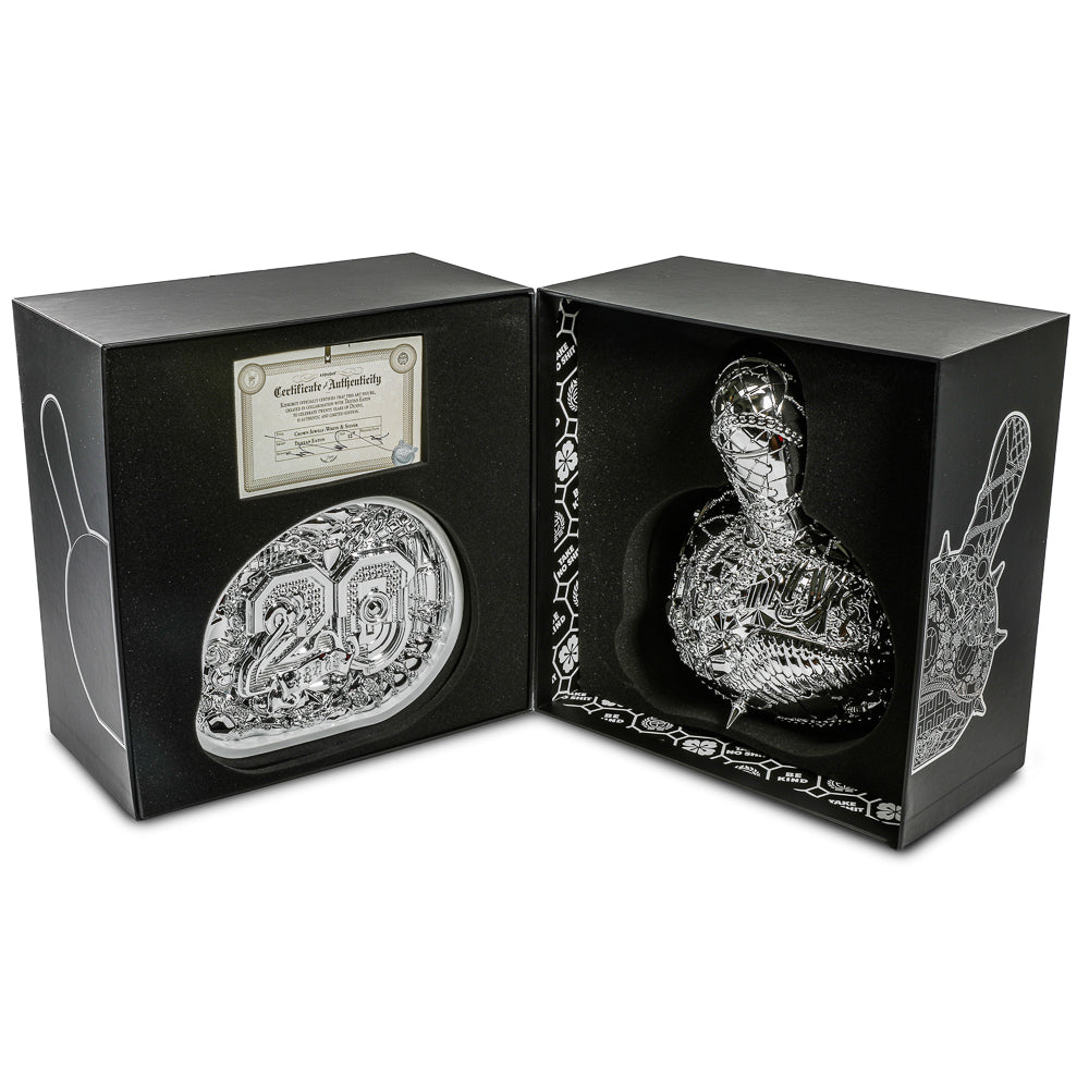 Limited edition 12" Dunny head art figure "Crown Jewels" by Tristan Eaton, white and silver design, celebrating 20th anniversary.