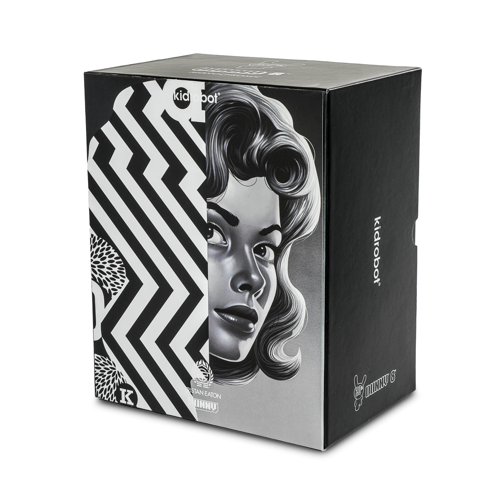 Limited edition 8-inch Monochromic Dunny art figure by Tristan Eaton, celebrating 20th anniversary with unique black-and-white design.