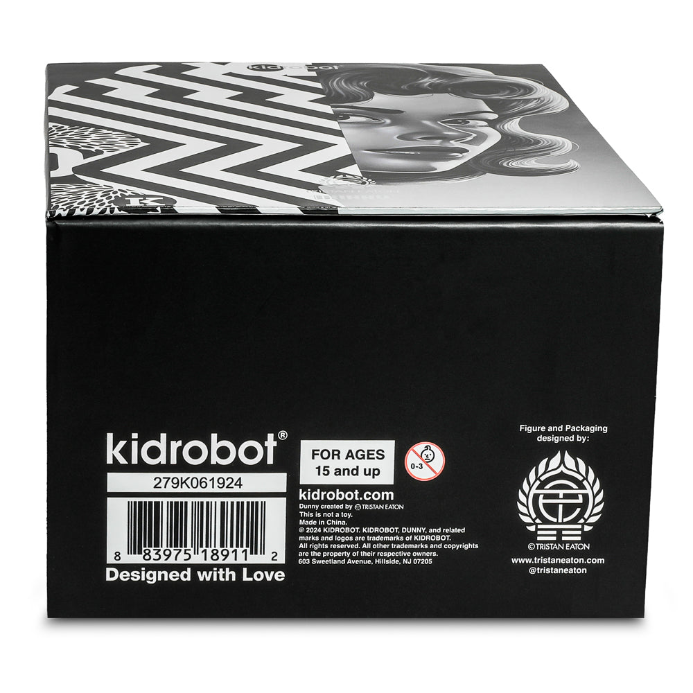 Limited edition 8-inch Monochromic Dunny art figure by Tristan Eaton, celebrating 20th anniversary, in black and white design.