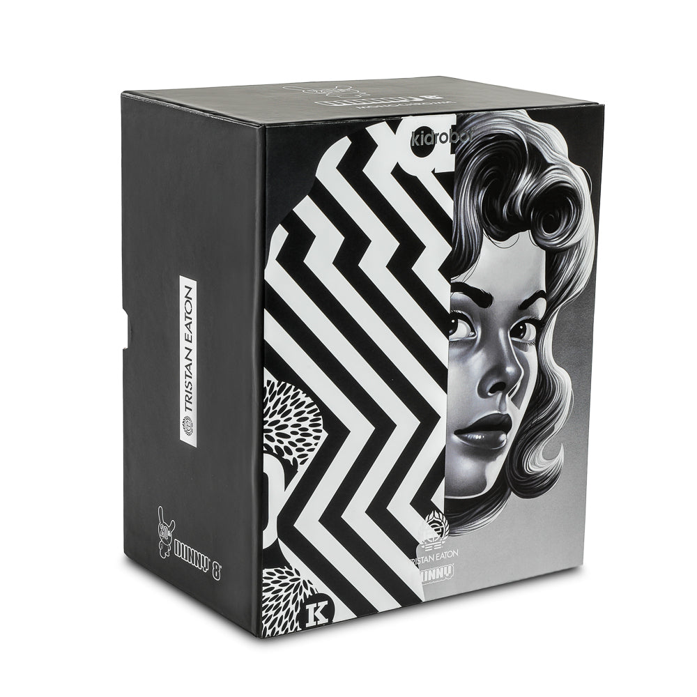 Limited edition 8-inch monochrome Dunny art figure by Tristan Eaton, celebrating 20th anniversary, in black and white design.