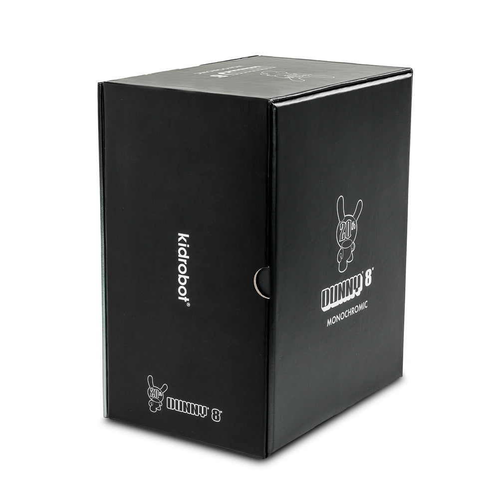 Limited edition 8-inch Monochromic Dunny art figure by Tristan Eaton for the 20th anniversary, featuring detailed black and white design.
