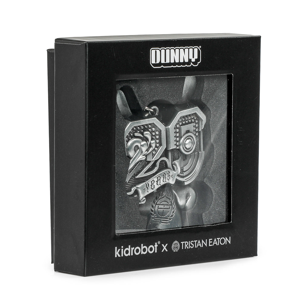 20th Anniversary Solid Metal Dunny Keychain by Tristan Eaton in Silverchrome finish, limited edition of 200, featuring detailed design.