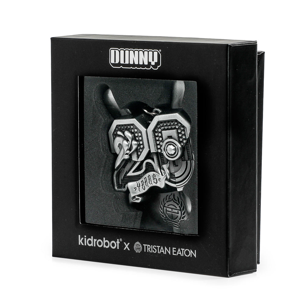 20th Anniversary Solid Metal Dunny keychain in Silverchrome by Tristan Eaton, limited edition of 200, featuring a detailed Dunny character.