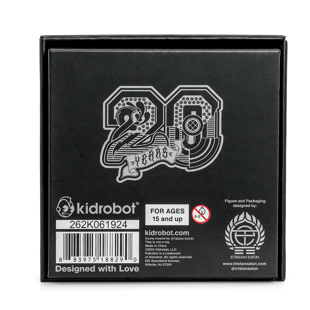 20th Anniversary Solid Metal Dunny Keychain by Tristan Eaton in Silverchrome finish, limited edition of 200, detailed metal keychain.