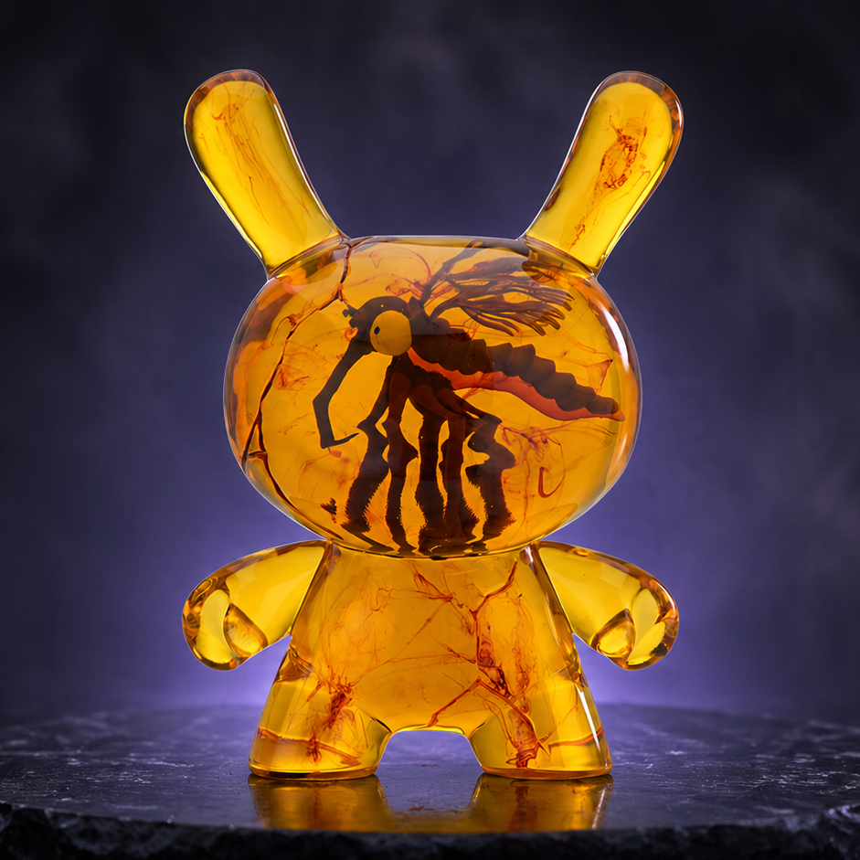 Amber Dunny 8-inch resin art figure by Kidrobot, featuring a stylized Dunny design with amber-colored resin and detailed artwork.
