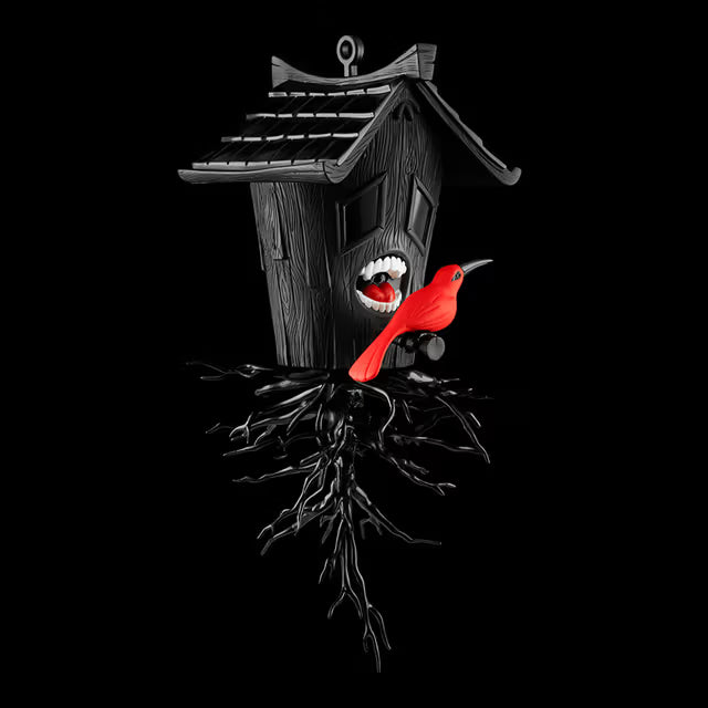 Blaine Fontana Kidrobot Black Figure Domestic Hunger - Black birdhouse with a red bird on a black background