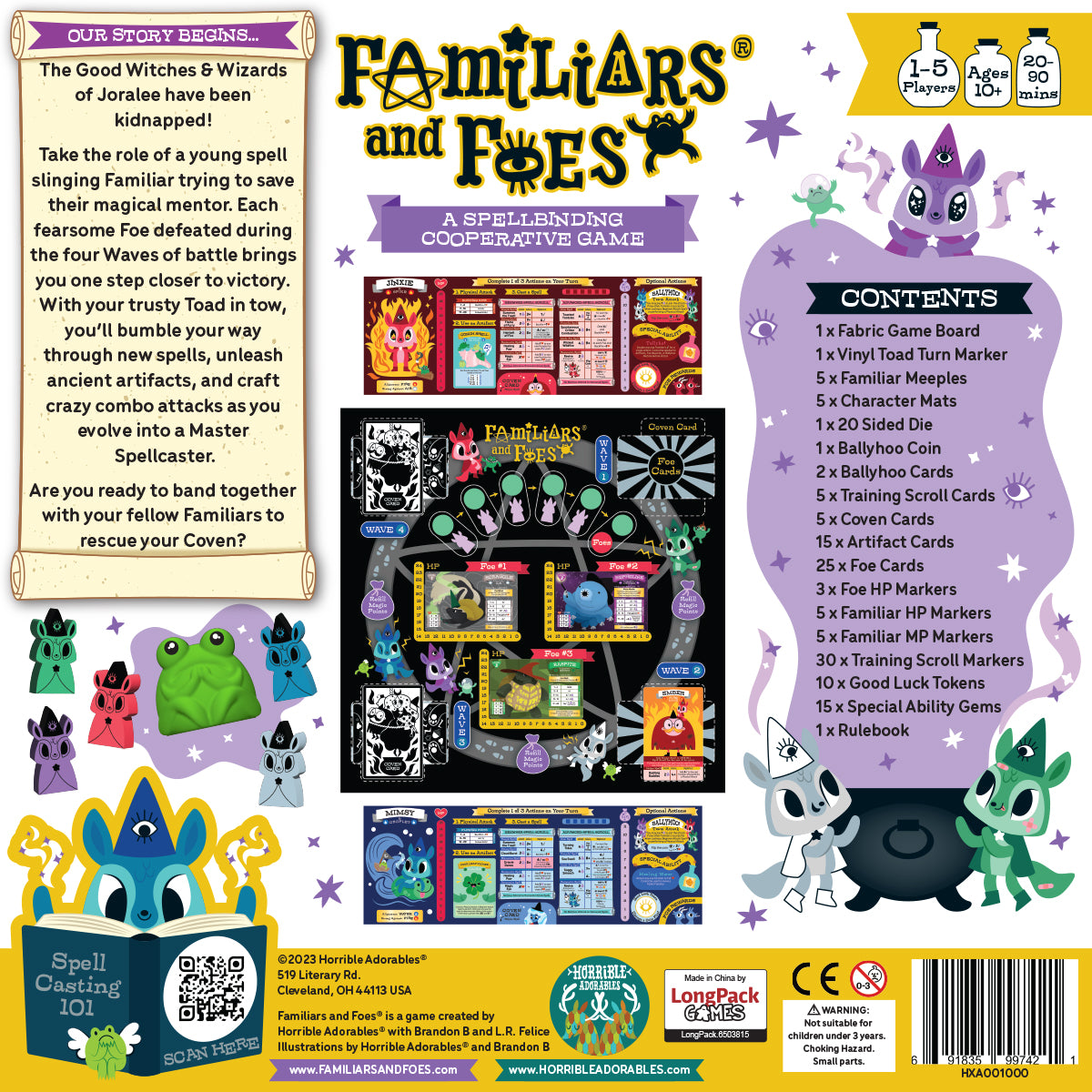 Horrible Adorables Familiars and Foes: A Spellbinding Cooperative Board Game - Back of Box