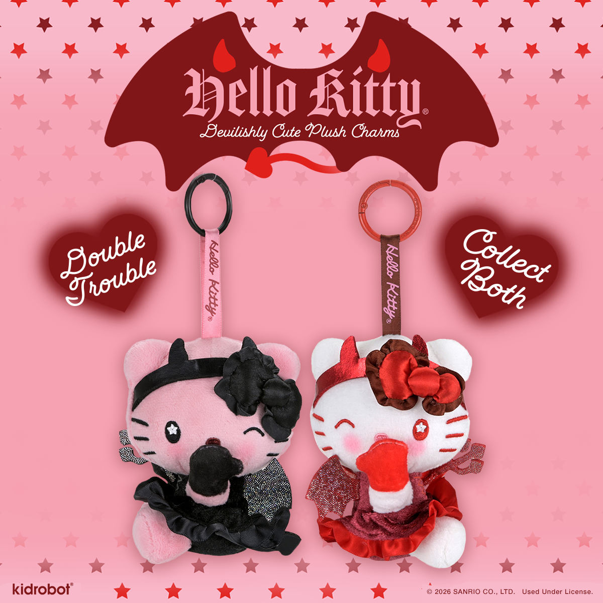 Sanrio Hello Kitty and Mimmy devilishly cute plush charms in a 2-pack bundle, featuring adorable cartoon character designs.