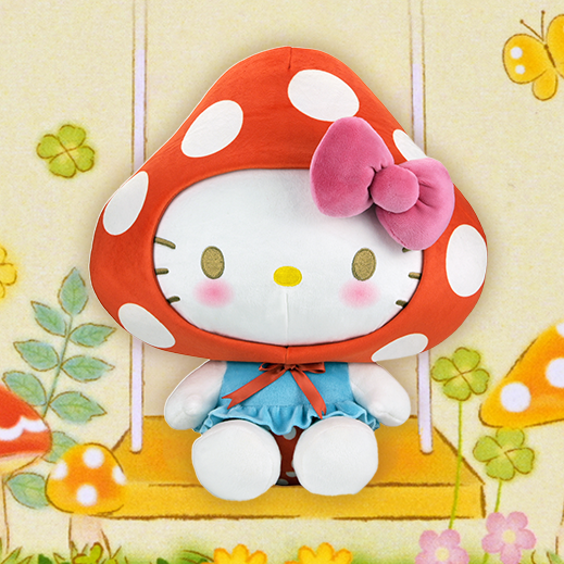 Plush toy Hello Kitty with a red mushroom hat and pink bow on a colorful whimsical background. Click for the full Hello Kitty toy collectible collection.