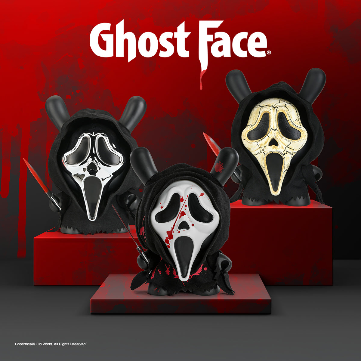 Ghost Face 8" Dunny Vinyl Art Figures featuring the Chrome Mask Edition, Glow-in-the-Dark Bloody Edition, and the Kidrobot.com Exclusive Aged Mask Edition