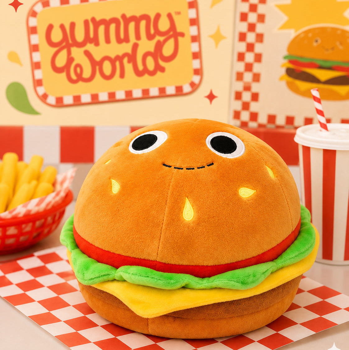 Yummy World plush burger toy featuring a colorful, soft plush burger with lettuce, cheese, and bun details, ideal for cuddling.