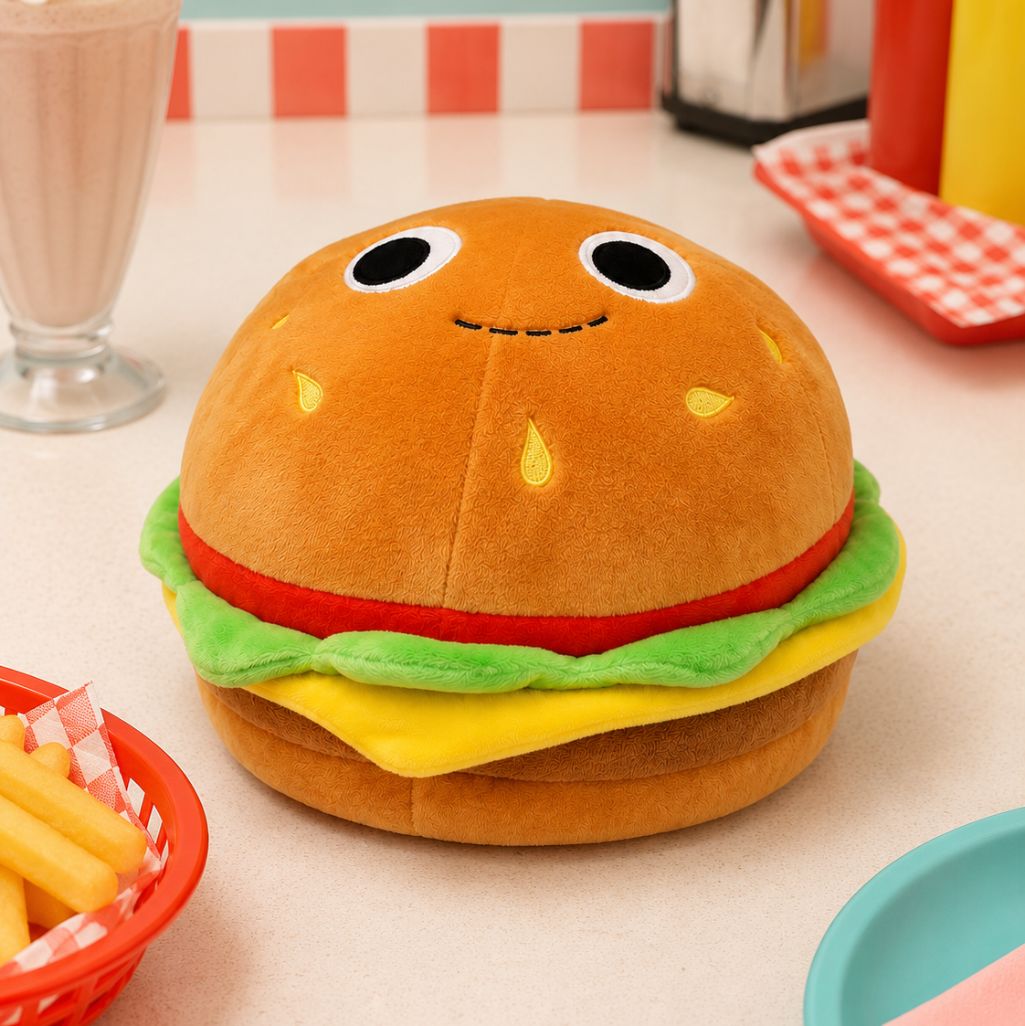 Yummy World plush burger toy featuring a soft, colorful plush burger with lettuce, cheese, and bun details.