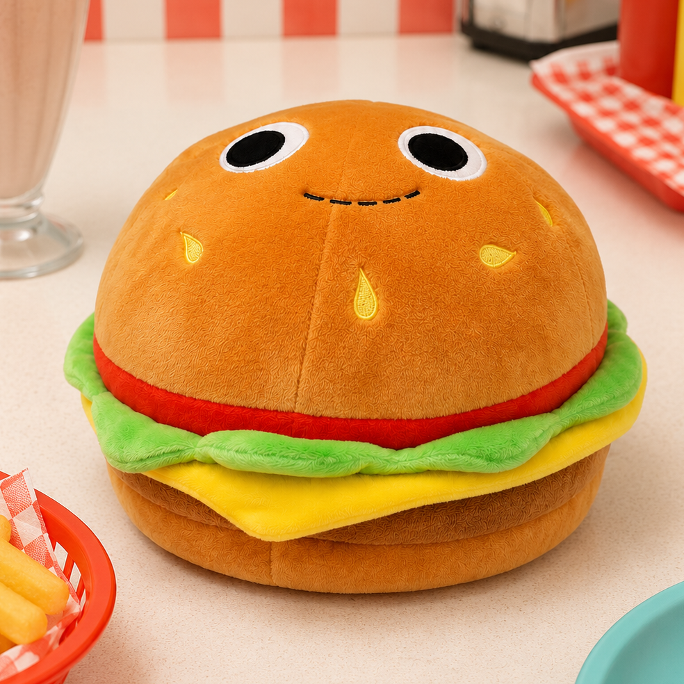 Yummy World plush burger toy featuring a colorful, soft plush burger with lettuce, cheese, and bun details, from the Yummy World brand.