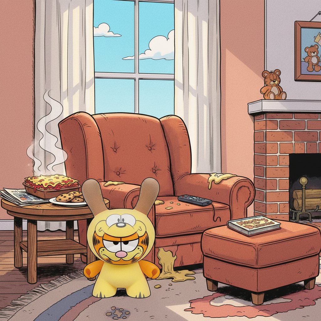 Garfield and Odie Cartoon art character in a living room with lasagna, pizza
