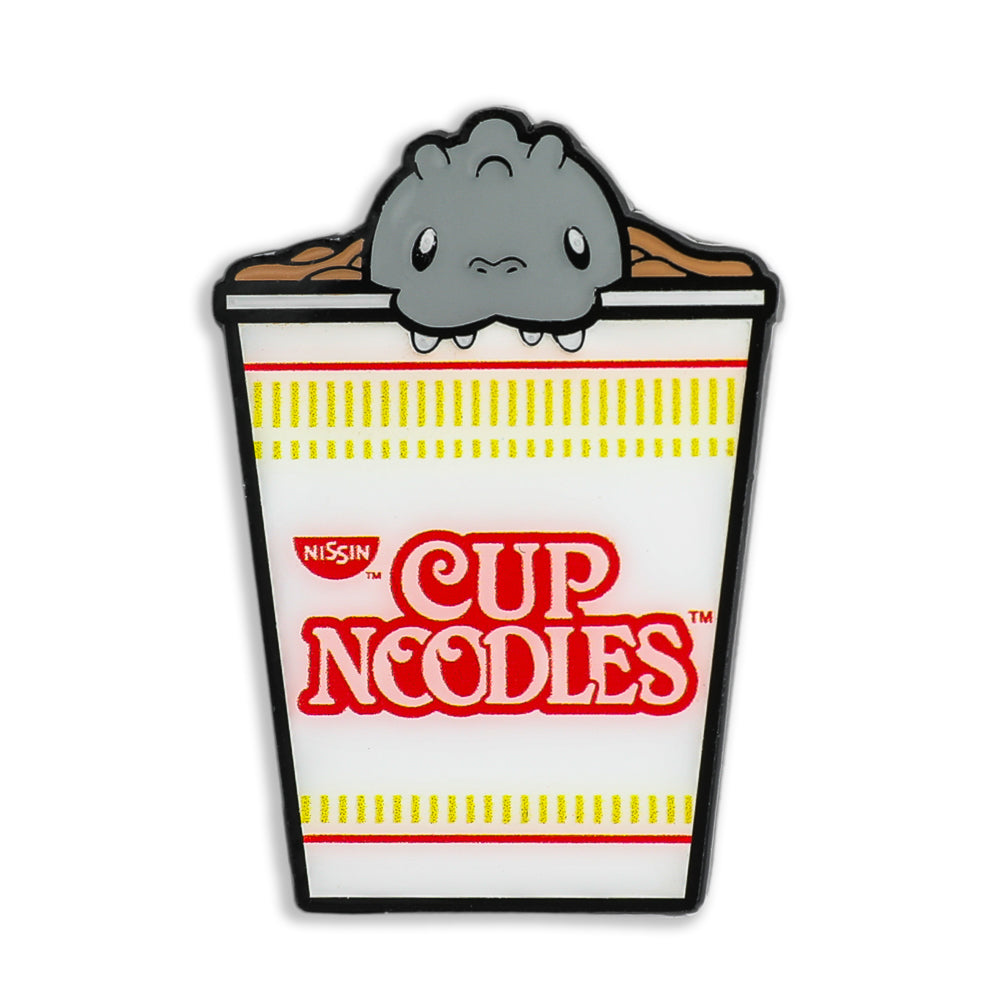 Nissin Cup Noodles x Godzilla enamel pin from the 1.5-inch premium pin series featuring Godzilla and Cup Noodles branding.