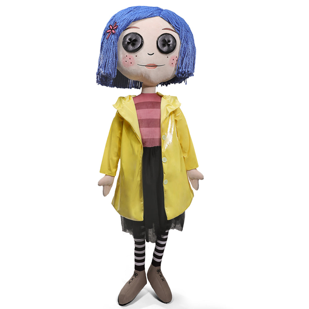 5 foot tall Stuffed Coraline doll with blue hair, yellow raincoat, and striped socks 