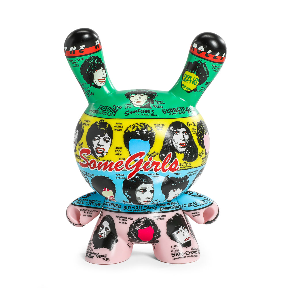8-inch vinyl Dunny figure featuring The Rolling Stones "Some Girls" design, collectible art toy with detailed band-inspired graphics.