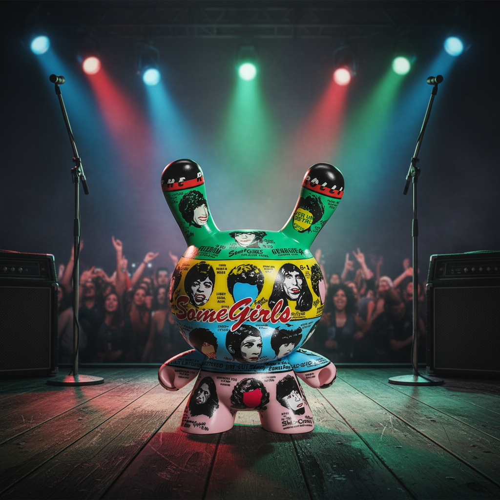 8-inch Dunny figure featuring The Rolling Stones' Some Girls album art, limited edition collectible toy with vivid design.