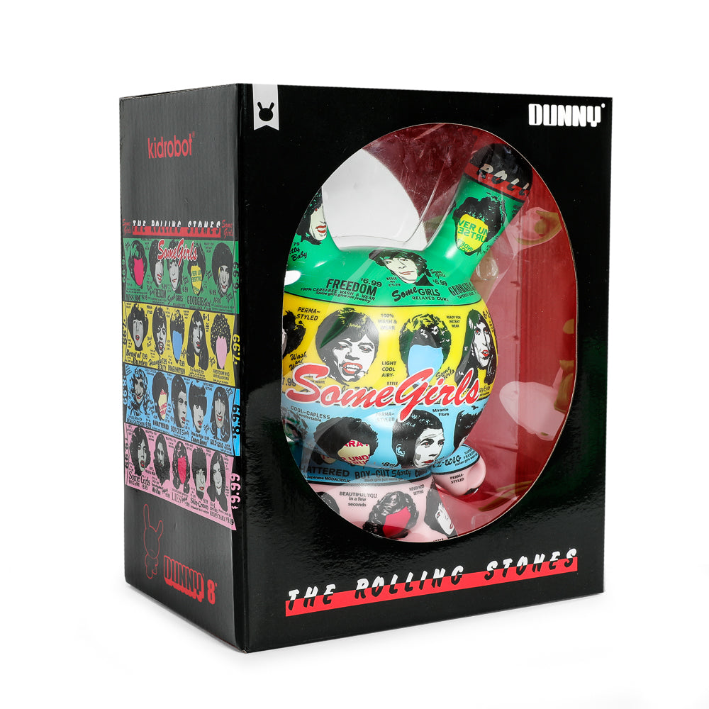 8-inch Dunny figure featuring The Rolling Stones Some Girls album art, limited edition collectible toy with bold design.