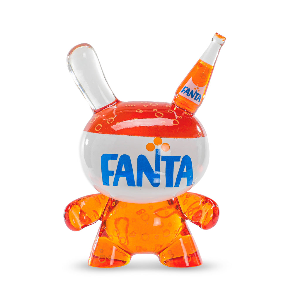 Kidrobot Fanta Orange 3-inch resin Dunny art figure with bright orange color and detailed design, branded by Coca-Cola.