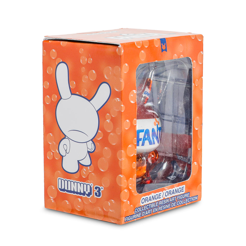 Kidrobot and Coca-Cola 3-inch Fanta Orange resin Dunny art figure, detailed orange-colored collectible toy.