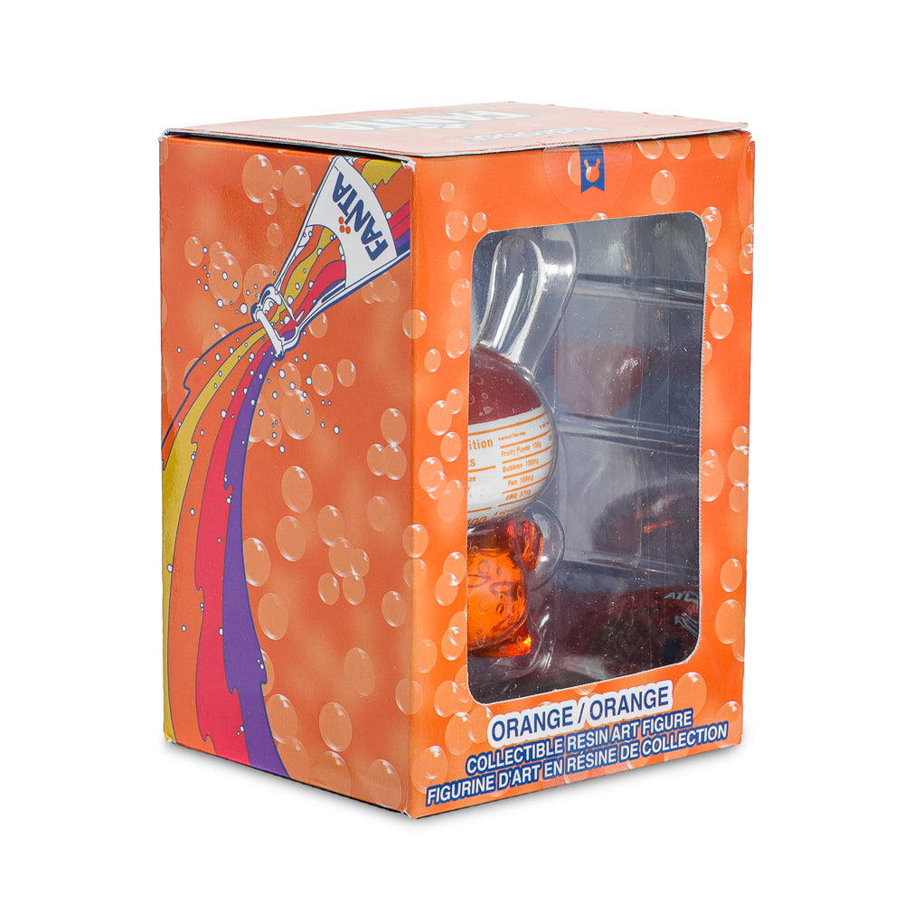 Kidrobot Fanta Orange 3-inch resin Dunny art figure featuring vibrant orange color and Coca-Cola branding.