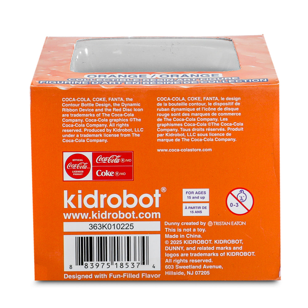 Kidrobot Fanta Orange resin Dunny art figure, 3-inch collectible toy with vibrant orange design, inspired by Coca-Cola Fanta branding.