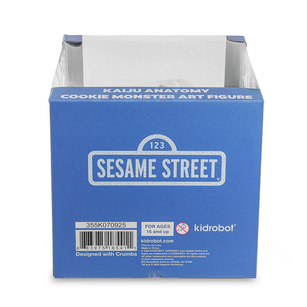 Flocked vinyl art figure of Cookie Monster from Sesame Street, 8-inch Kaiju Anatomy design in blue pearl edition.
