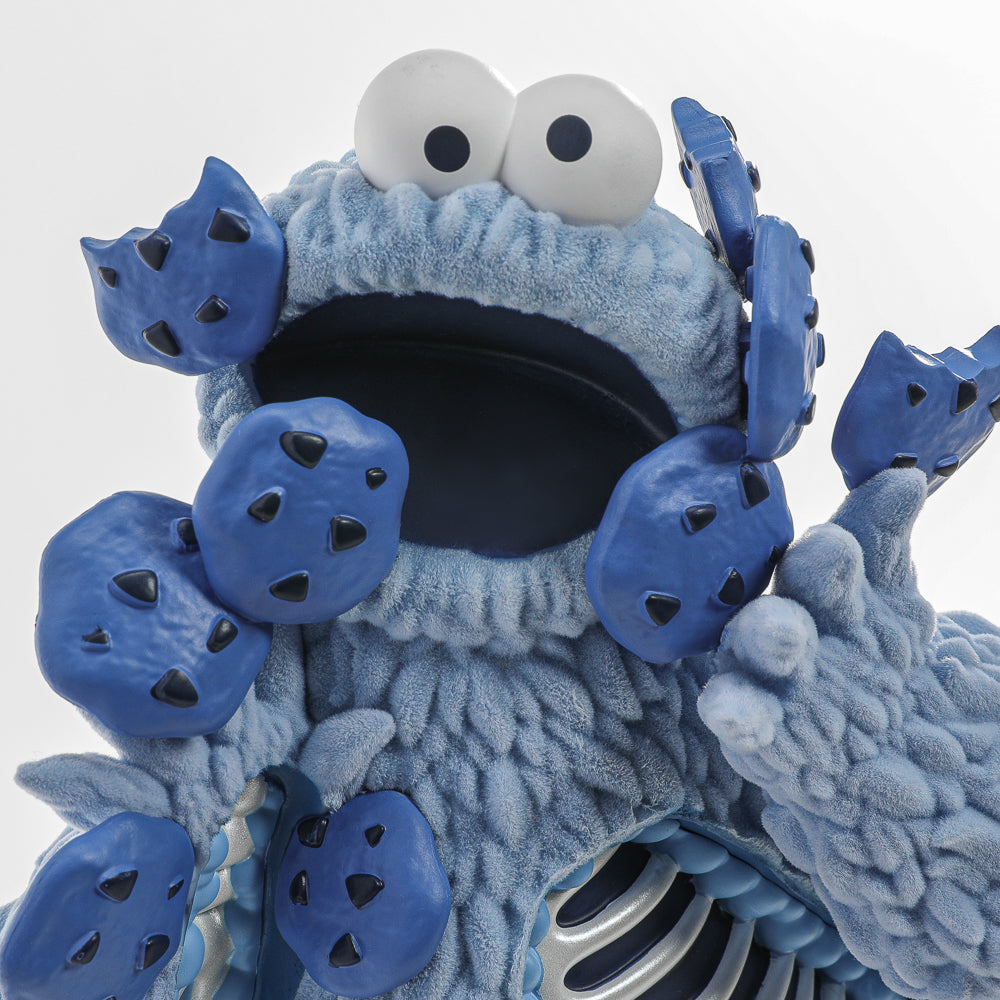 Sesame Street Kaiju Anatomy Cookie Monster 8-inch flocked vinyl art figure, limited edition blue pearl design, detailed and collectible.