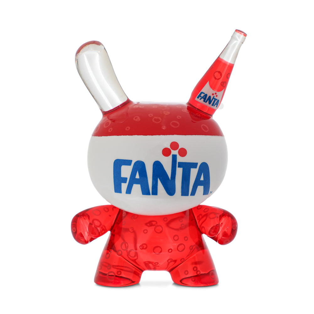 Set of four Kidrobot Coca-Cola Fanta 3-inch resin Dunny art figures arranged together, showcasing colorful, collectible character designs.