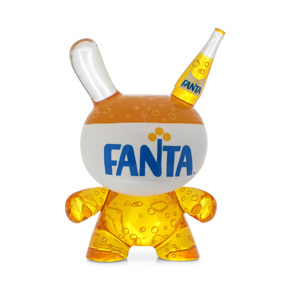 Set of four Kidrobot Fanta resin Dunny art figures, 3-inch collectible toys featuring Coca-Cola-inspired designs.