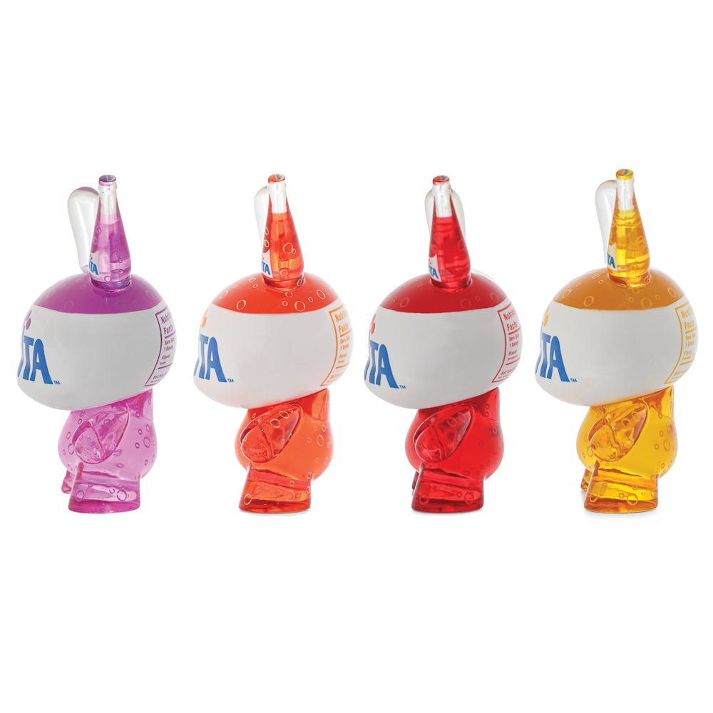 Set of four Kidrobot Fanta 3-inch resin Dunny art figures featuring colorful Coca-Cola-themed designs.