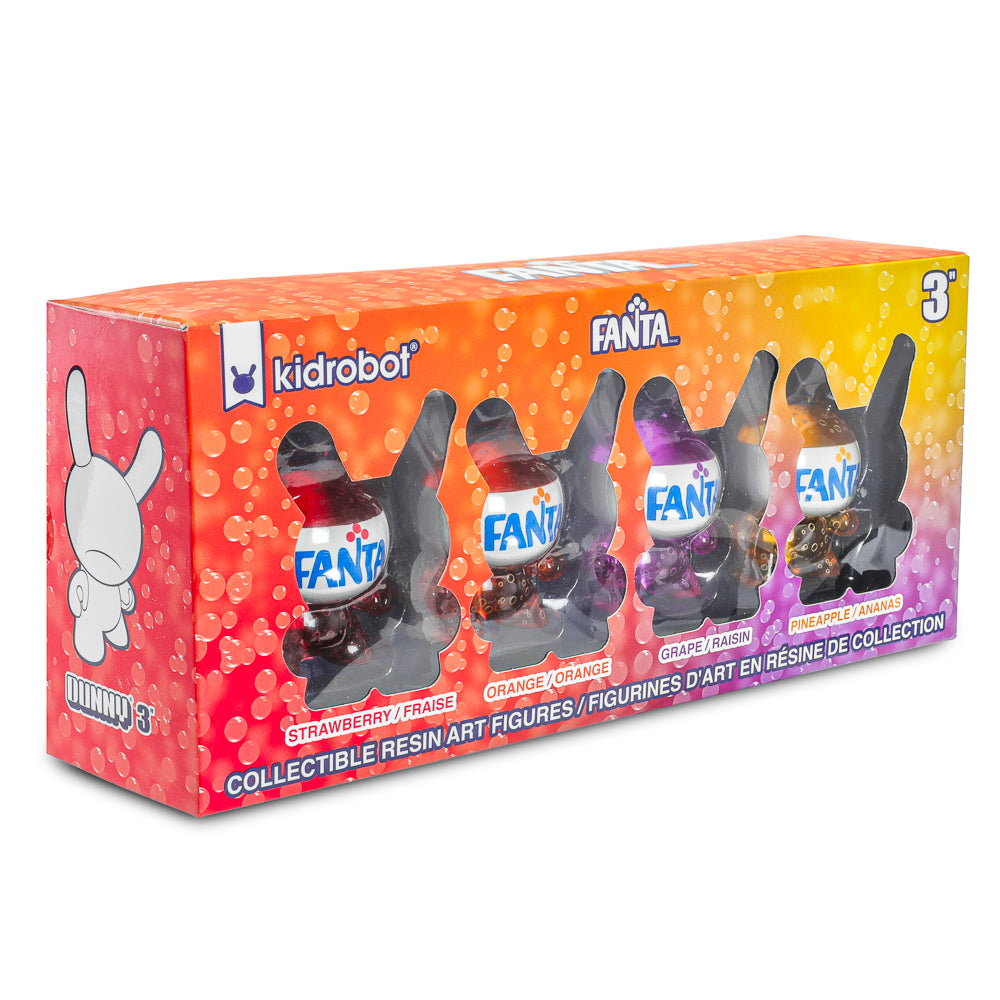 Set of four Kidrobot Fanta 3-inch resin Dunny art figures featuring colorful Coca-Cola themed designs.