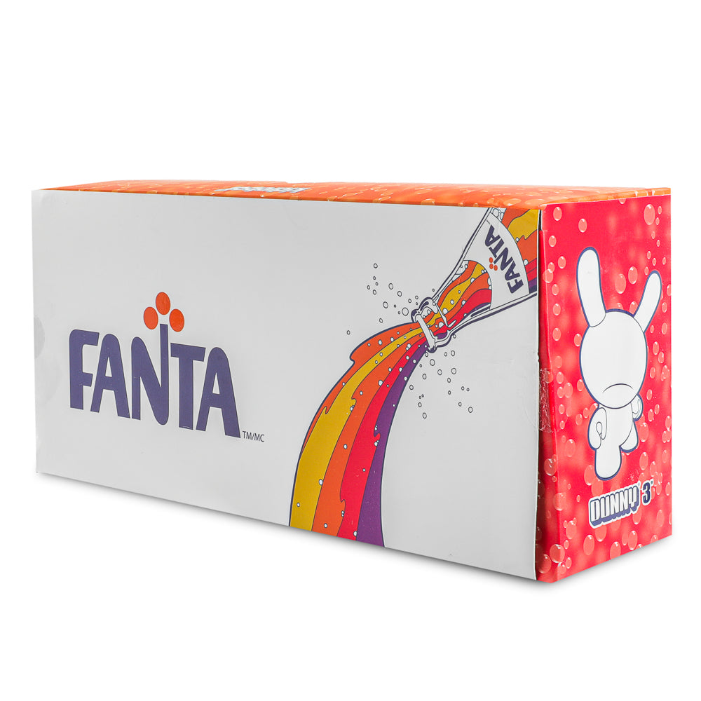 Set of four Kidrobot Coca-Cola Fanta 3-inch resin Dunny art figures in vibrant, collectible toy designs.