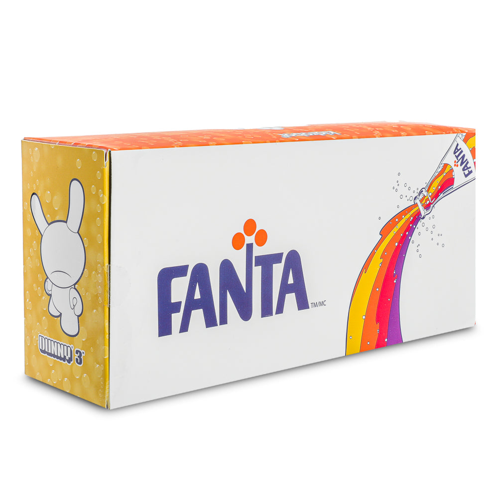 Set of four Kidrobot Coca-Cola Fanta 3-inch resin Dunny art figures in vibrant, collectible designs on a white background.