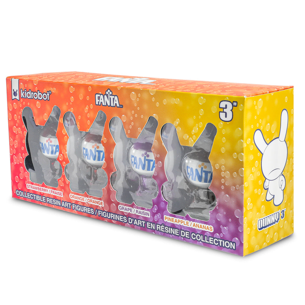 Set of four Kidrobot Coca-Cola Fanta 3-inch resin Dunny art figures in colorful, collectible design.