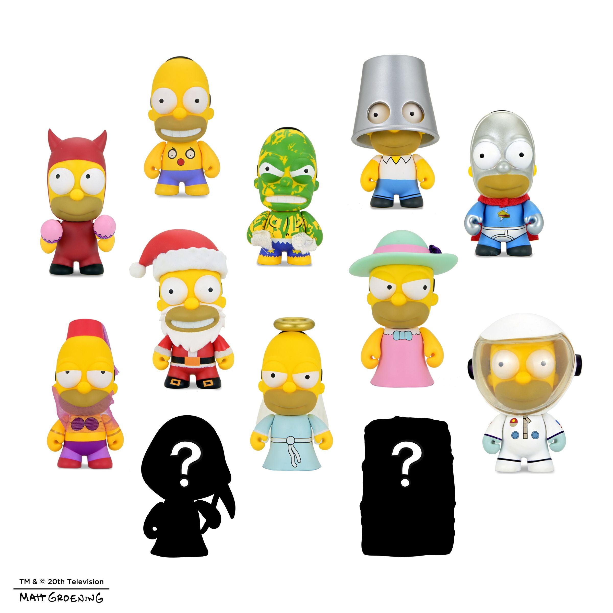 Group of The Simpsons Many Faces of Homer blind box mini figures, featuring various Homer Simpson expressions and styles.