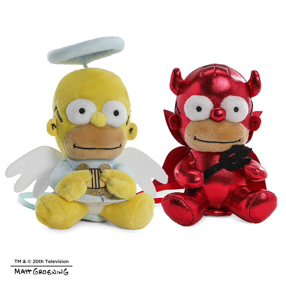 Two Homer Simpson shoulder plush toys from The Simpsons, featuring angel and devil versions, in a Phunny 2-pack bundle.